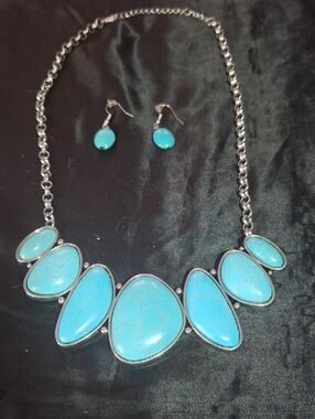Turquoise Stone Statement Necklace and Earring Set - Women Jewelry